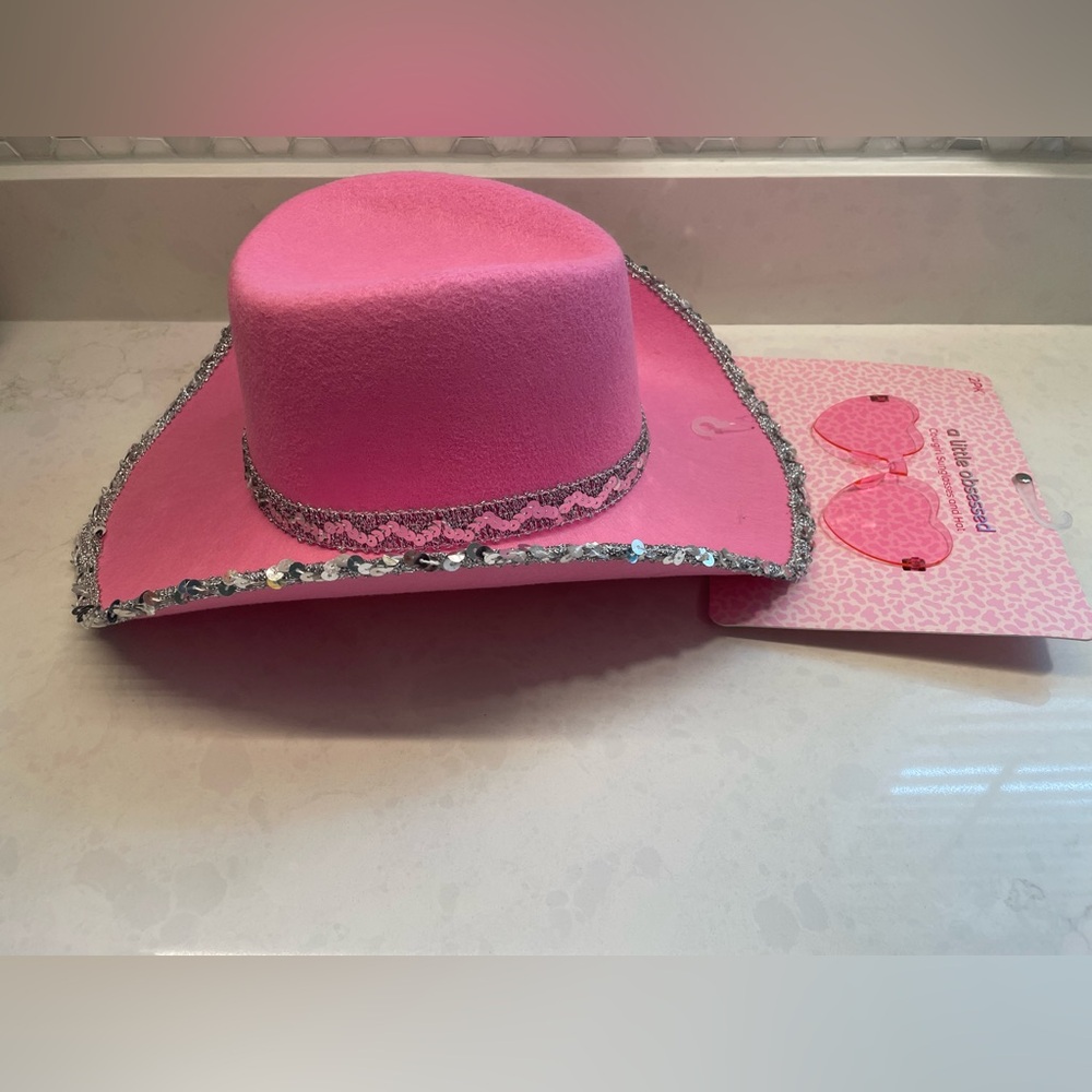 Barbie Pink Country Western Pink Cowgirl Sequence Polyester Hat w/ Heart Glasses - Picture 4 of 7